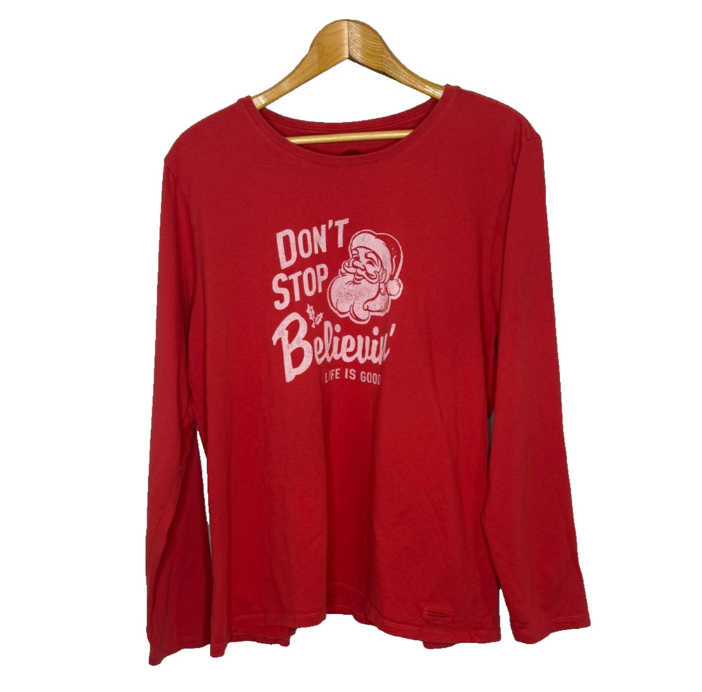 Men's XL Life is Good Don't Stop Believin' Santa Red Crusher Long Sleeve Tee